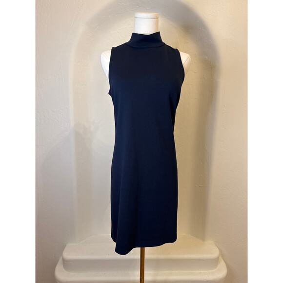 Bloomingdale’s Aqua Navy Mock Neck Mini Dress Rayon Blend Small Made in USA - Picture 2 of 6